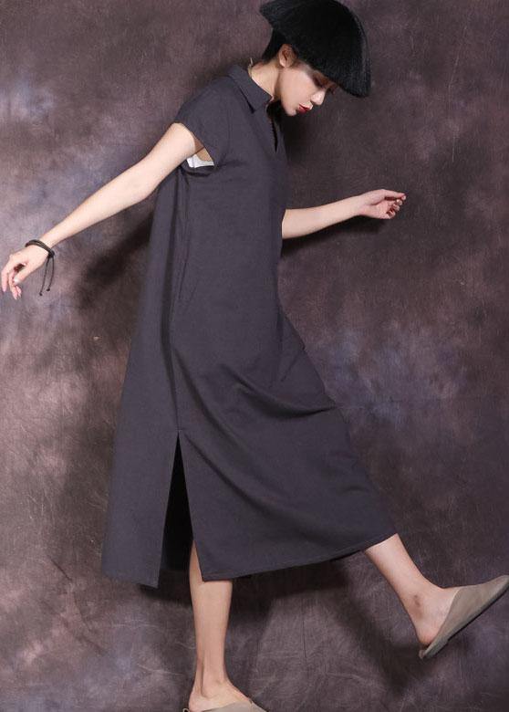 DIY lapel collar linen cotton dress Work Outfits black side open Dress summer - SooLinen