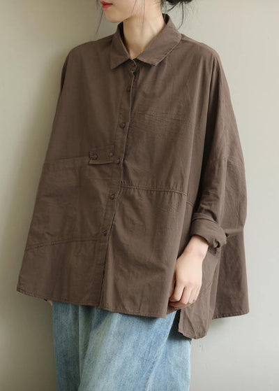 DIY lapel patchwork Shirts Work Outfits chocolate top - SooLinen