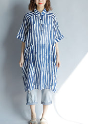DIY-Reverstaschen Baumwoll-Tunika mit taillierten Ärmeln blau gestreift A-Linie Kleider Sommer