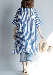 DIY lapel pockets Cotton Tunic Fitted Sleeve blue striped A Line Dresses summer