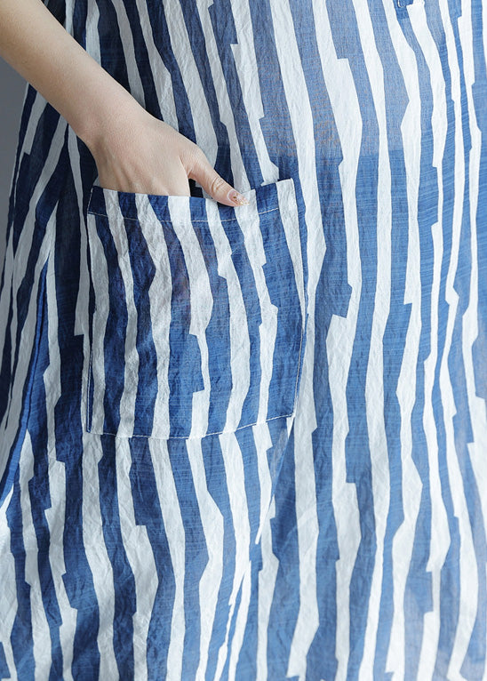 DIY-Reverstaschen Baumwoll-Tunika mit taillierten Ärmeln blau gestreift A-Linie Kleider Sommer