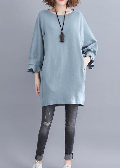 DIY light blue cotton tunic pattern o neck half sleeve Midi summer Dress - SooLinen