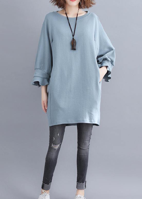 DIY light blue cotton tunic pattern o neck half sleeve Midi summer Dress - SooLinen
