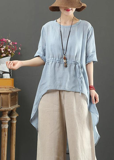DIY light blue linen clothes o neck asymmetric box shirts - SooLinen