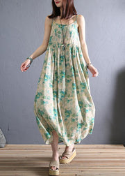 DIY light green print cotton dress Spaghetti Strap Robe summer Dresses - SooLinen