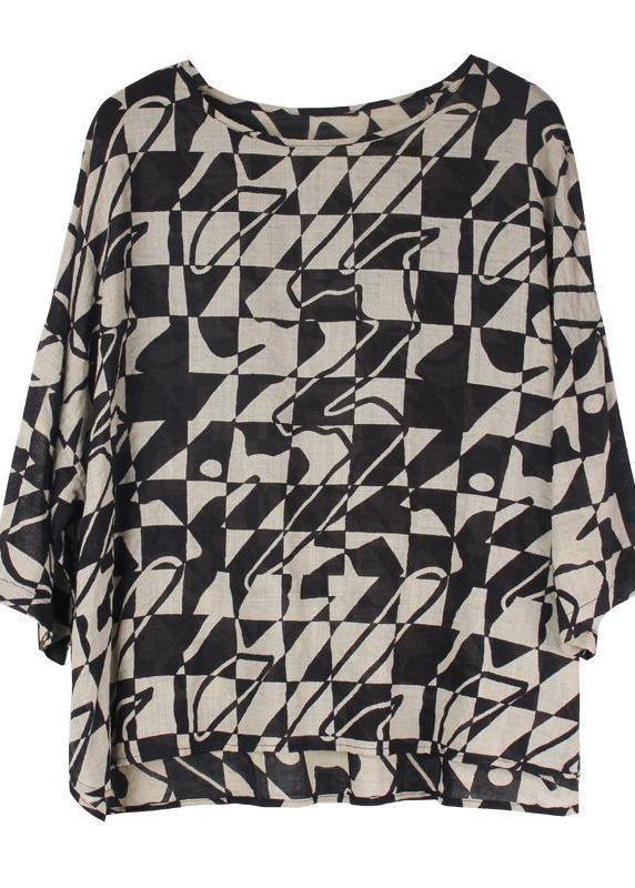 DIY linen cotton clothes 2019 Women Summer Short Sleeve Black Plaid Blouse - SooLinen
