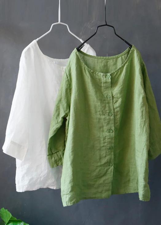 DIY linen green tunic top boutique Solid Color Single Breasted Reversible Blouse - SooLinen