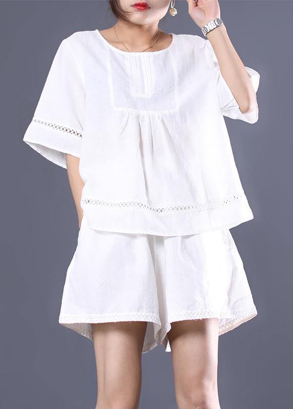 DIY linen linen tops women blouses boutique Casual Cotton Linen Short Sleeve Blouse And Shorts - SooLinen