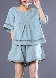DIY linen linen tops women blouses boutique Casual Cotton Linen Short Sleeve Blouse And Shorts - SooLinen