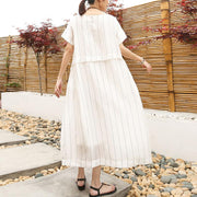 DIY-Leinen-Steppkleider Lässiges Leinen-Baumwoll-Frauen-Kurzarm-Streifen-Weiß-Kleid
