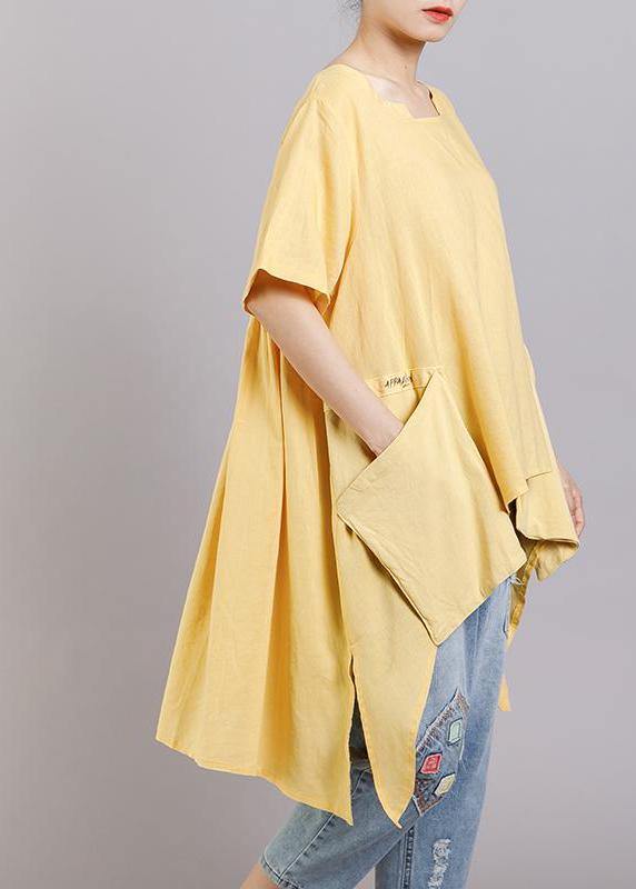 DIY linen tunic top Women Solid Pockets Short Sleeve Irregular Blouse - SooLinen
