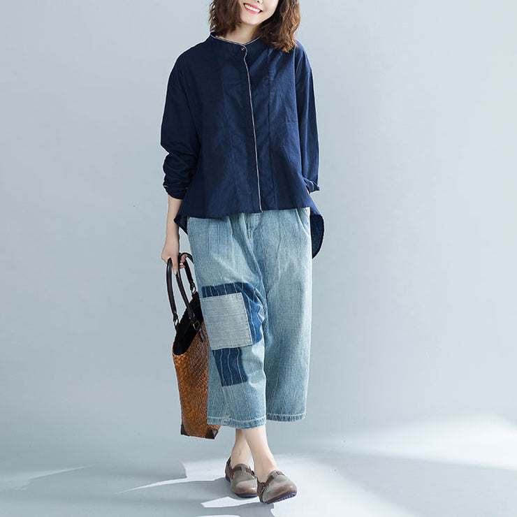 DIY marineblaue Baumwollkleidung für Damenboutique Stoffe Stehkragen übergroße Oberteile