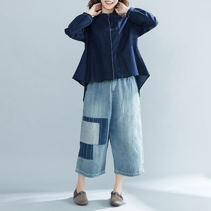 DIY marineblaue Baumwollkleidung für Damenboutique Stoffe Stehkragen übergroße Oberteile