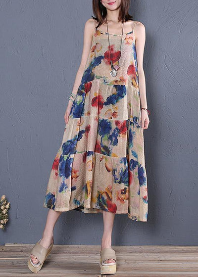 DIY navy print cotton dress Spaghetti Strap patchwork A Line summer Dress - SooLinen