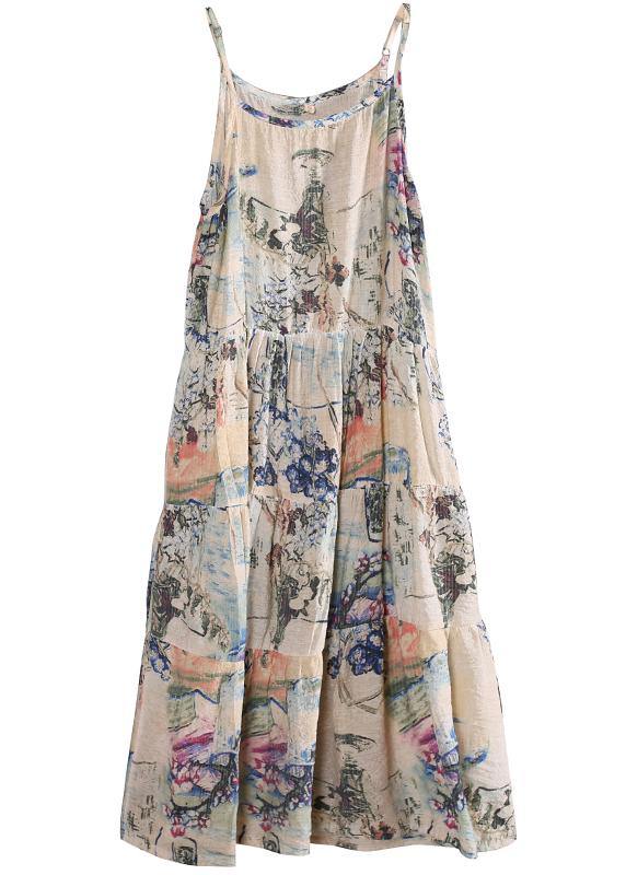 DIY navy print cotton dress Spaghetti Strap patchwork A Line summer Dress - SooLinen