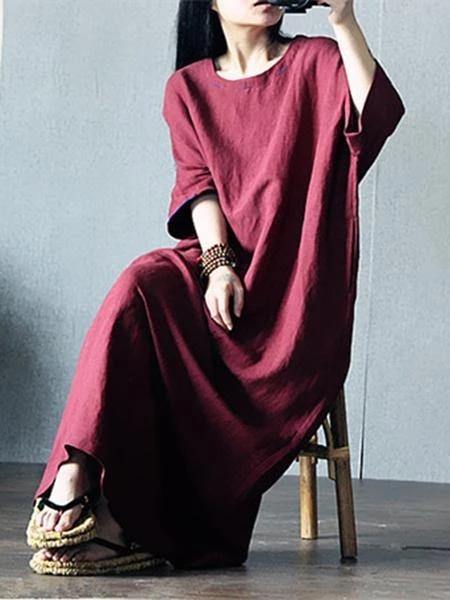 DIY o neck Batwing Sleeve linen clothes pattern red Dresses - SooLinen