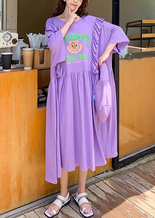 DIY o neck Ruffles clothes Outfits purple Cartoon print long Dress - SooLinen