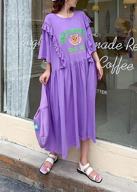 DIY o neck Ruffles clothes Outfits purple Cartoon print long Dress - SooLinen