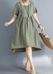 DIY o neck asymmetric Cotton clothes Women plus size Catwalk army green striped Midi Dress Summer - SooLinen