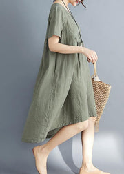 DIY o neck asymmetric Cotton clothes Women plus size Catwalk army green striped Midi Dress Summer - SooLinen