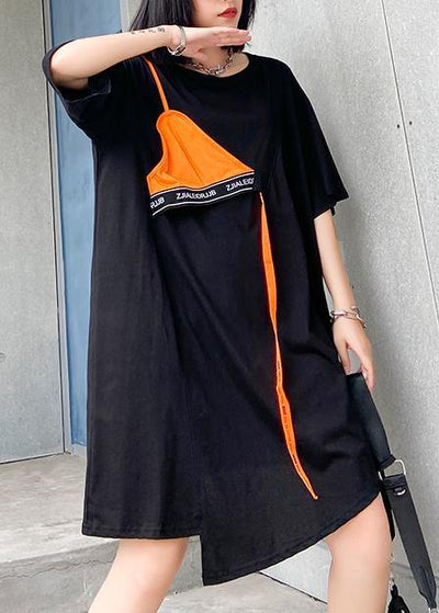 DIY o neck asymmetric Cotton summer outfit Sewing black Dresses - SooLinen