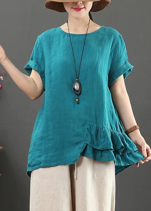 DIY o neck asymmetric linen cotton summer blue loose shirt - SooLinen