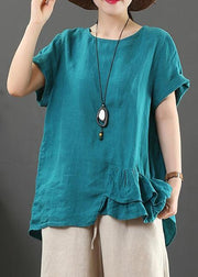 DIY o neck asymmetric linen cotton summer blue loose shirt - SooLinen