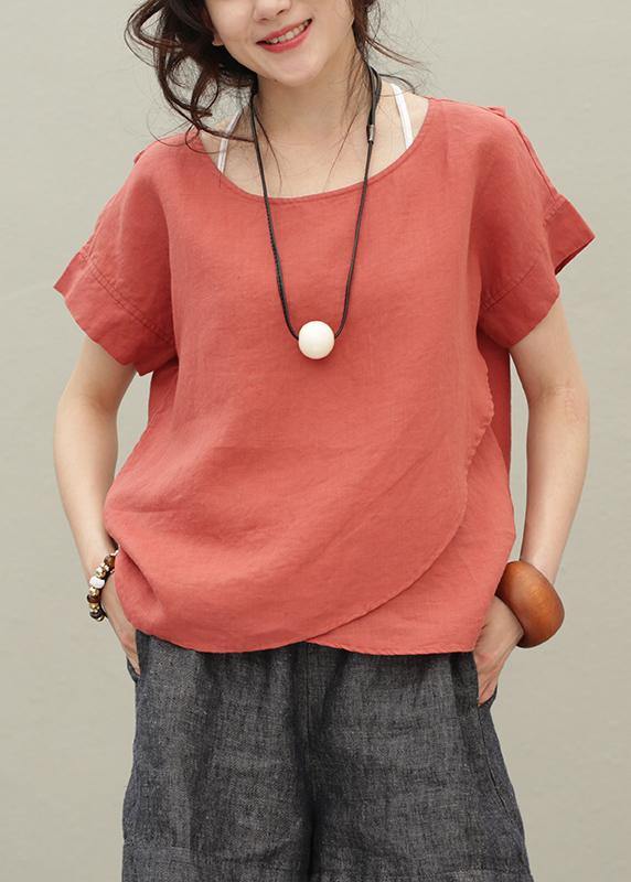 DIY o neck asymmetric linen summer shirts Work Outfits red tops - SooLinen