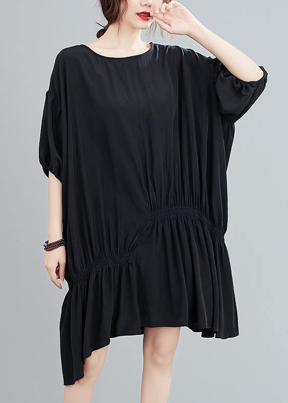 DIY o neck asymmetric summer dress for women black Dress - SooLinen