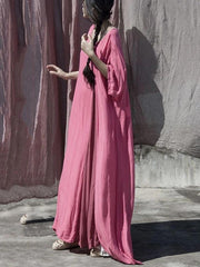 DIY o neck baggy cotton dress pattern pink Plus Size Dress - SooLinen