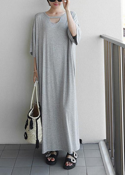 DIY o neck baggy cotton quilting clothes Outfits gray long Dresses - SooLinen