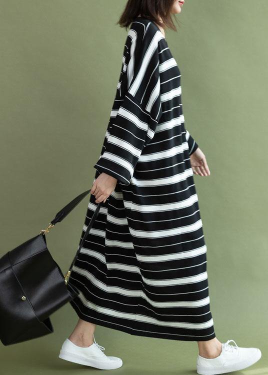 DIY o neck baggy cotton quilting clothes Sewing black white striped Maxi Dress fall - SooLinen