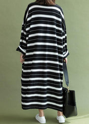 DIY o neck baggy cotton quilting clothes Sewing black white striped Maxi Dress fall - SooLinen