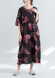 DIY o neck cotton linen Robes Neckline burgundy prints Maxi Dress summer - SooLinen