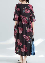 DIY o neck cotton linen Robes Neckline burgundy prints Maxi Dress summer - SooLinen