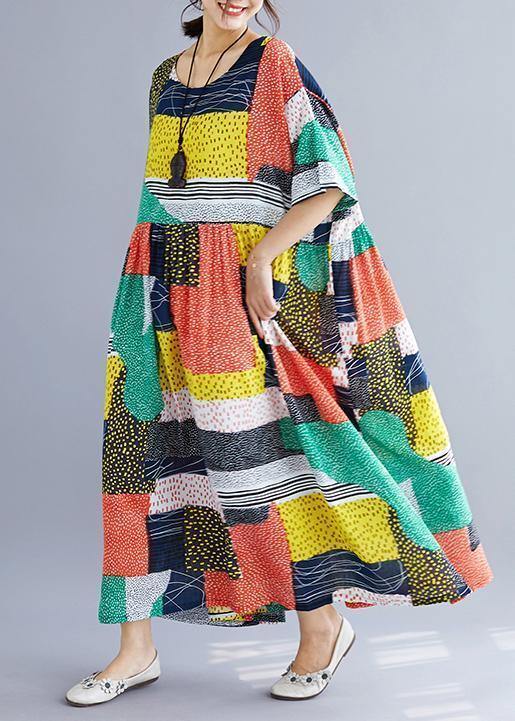DIY o neck cotton quilting clothes Tutorials orange patchwork color long Dress summer - SooLinen
