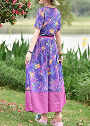 DIY o neck drawstring cotton clothes Women Outfits purple print Robe Dress summer - SooLinen