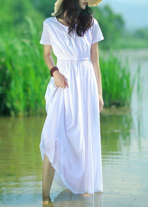 DIY o neck drawstring cotton tunic pattern Sleeve white A Line Dresses summer - SooLinen