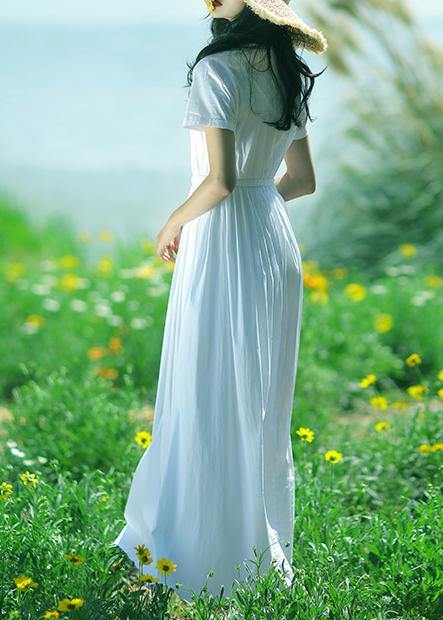 DIY o neck drawstring cotton tunic pattern Sleeve white A Line Dresses summer - SooLinen