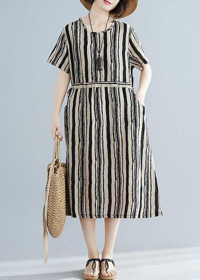 DIY o neck drawstring dress Sewing black striped Dresses summer - SooLinen