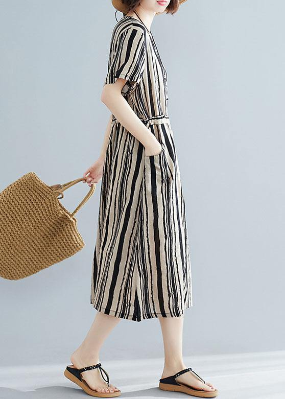 DIY o neck drawstring dress Sewing black striped Dresses summer - SooLinen