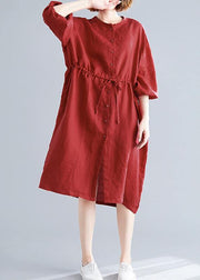 DIY o neck drawstring linen cotton quilting dresses red Shirts Dresses fall - SooLinen