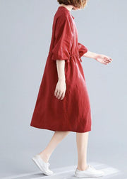 DIY o neck drawstring linen cotton quilting dresses red Shirts Dresses fall - SooLinen