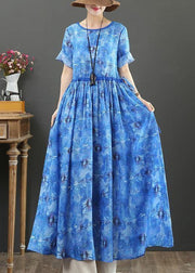 DIY o neck drawstring linen summer Robes Shape blue print Dresses - SooLinen