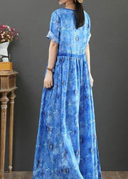 DIY o neck drawstring linen summer Robes Shape blue print Dresses - SooLinen