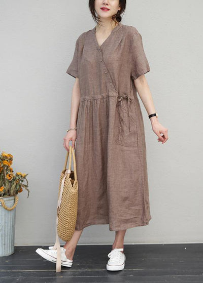 DIY o neck drawstring linen summer Wardrobes Sewing brown Dress - SooLinen