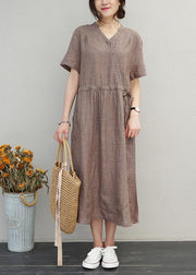 DIY o neck drawstring linen summer Wardrobes Sewing brown Dress - SooLinen