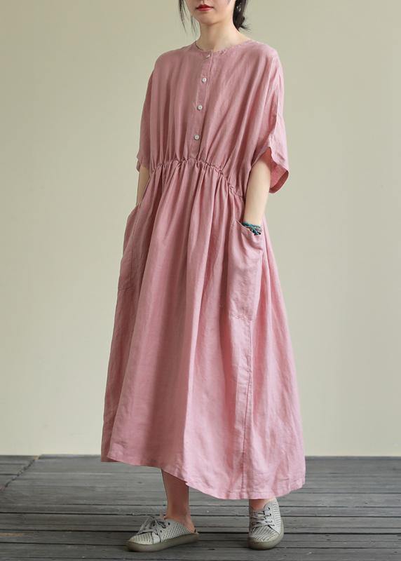 DIY o neck elastic waist linen summer dress Wardrobes pink Dresses - SooLinen