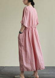DIY o neck elastic waist linen summer dress Wardrobes pink Dresses - SooLinen