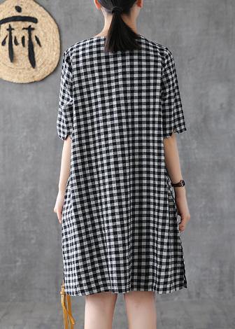 DIY o neck half sleeve cotton linen Wardrobes Outfits black plaid Dresses summer - SooLinen